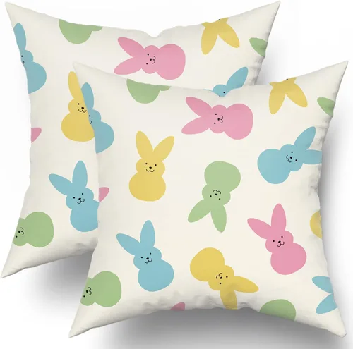 Juego de 2 fundas de almohada de primavera y Pascua de 18 x 18 pulgadas, diseño de conejo, conejo colorido, vacaciones, decoración de Pascua, fundas