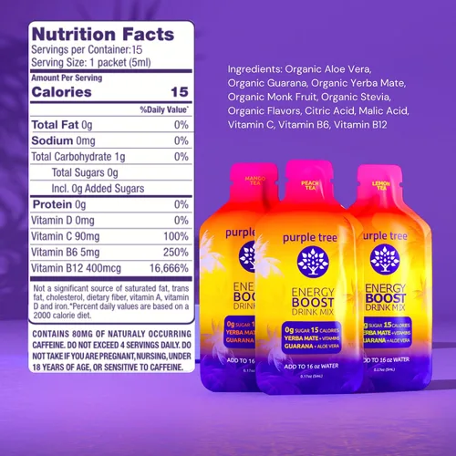 Miniatura 5 de purple tree Paquetes de energía orgánica – Cero azúcar, 80 mg de cafeína natural de yerba mate y guaraná, con vitaminas B12 para una energía suave