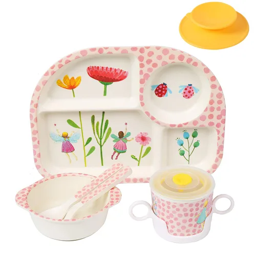 shopwithgreen - Juego de 7 piezas de bambú para niños - Vajilla para niños - Plato, tazón, taza, cuchara, tenedor, vajilla para comida, vajilla de