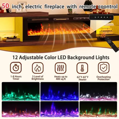 Miniatura 5 de Soporte de TV extensible con chimenea eléctrica de 71 a 116 pulgadas, moderno centro de entretenimiento con luces LED y toma de corriente para TV