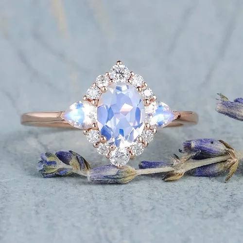 Miniatura 2 de Anillo de compromiso chapado en oro rosa de 18 quilates con piedra lunar y arcoíris, para mujer, anillo de compromiso con diamantes de imitación