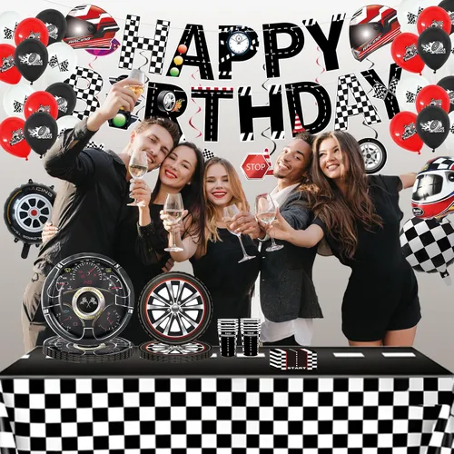Miniatura 7 de Juego de vajilla para decoración de fiesta de cumpleaños de coche de carreras, incluye pancartas de cumpleaños de autos de carreras, globos