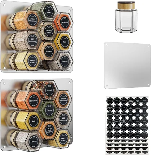Miniatura 10 de Juego de 12 latas magnéticas de vidrio para especias Vetacsion con 180 etiquetas adhesivas para condimentos
