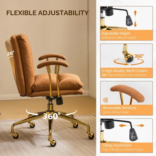 Miniatura 5 de VINGLI Silla de escritorio para oficina en casa, cómoda con ruedas y reposabrazos extraíbles, silla de tocador con base dorada con respaldo, silla