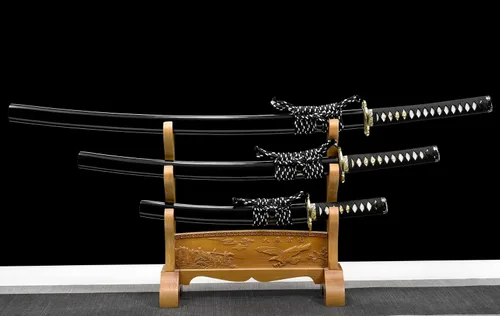 Miniatura 2 de Juego de espada samurái japonesa templada de arcilla funcional completa Katana Wakizashi Tanto Set 3 piezas puede cortar árbol