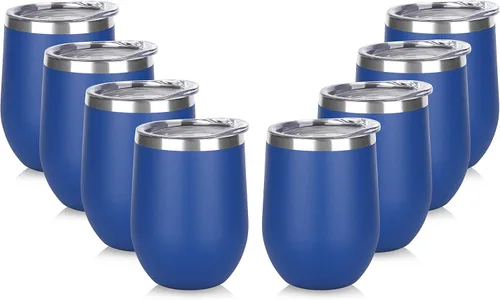 Miniatura 19 de DOMICARE - Juego de 8 vasos de vino de 12 onzas con tapa, hechos de acero inoxidable con aislamiento al vacío de doble pared, color celeste Azul