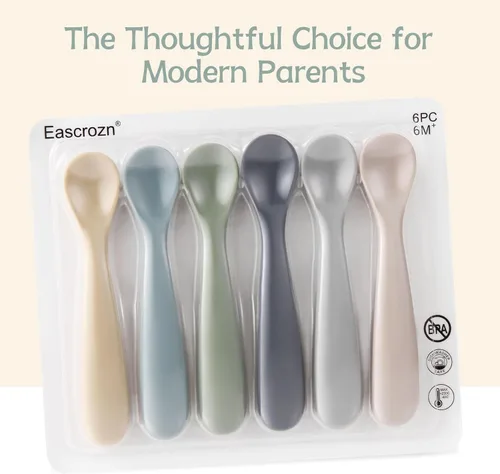 Miniatura 7 de Eascrozn cucharas de silicona para bebé autoalimentación 6+ meses, paquete de 6 piezas, suministros de destete con luz LED para bebés de la primera