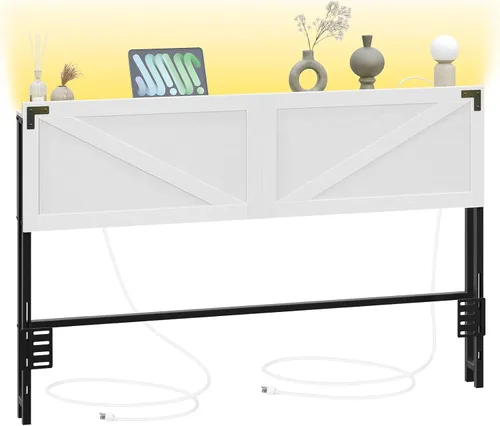 Miniatura 6 de MAHANCRIS Cabecera Solo Tamaño Queen, Cabecera con 2 Tomacorrientes y 4 Puertos USB, Cabecera Estilo Granja, con Luces LED, Almacenamiento Seguro