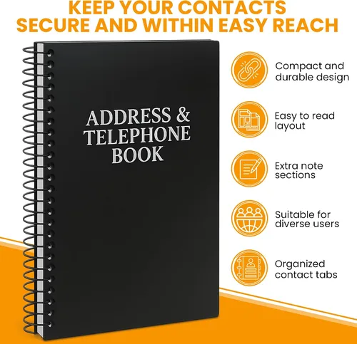 Miniatura 8 de Libreta de direcciones y teléfonos Iconikal, 8x5 pulgadas, negra, con espiral, 384 contactos, organizador para organizar nombres, direcciones