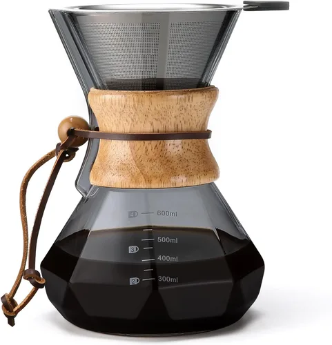 Miniatura 9 de Lalord Cafetera vertida con filtro de acero inoxidable reutilizable, jarra de café de vidrio borosilicato de 27 onzas, collar de madera, jarra