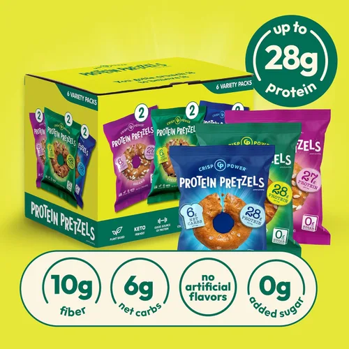 Miniatura 3 de CRISP POWER Pretzels de proteína, paquete variado con sal marina, sésamo y todo, hasta 0.99 oz de proteína, aperitivo alto en proteínas, aperitivos
