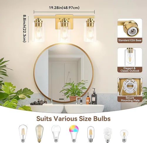 Miniatura 8 de Lámparas de baño de 3 luces, 19 pulgadas, modernas luces de tocador sobre espejo con pantallas de vidrio transparente, accesorio de luz dorada