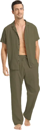 Miniatura 27 de RPOVIG Conjunto de camisa de lino y pantalones: conjuntos de lino de 2 piezas para hombre, camisas de manga corta, pantalones de yoga, trajes