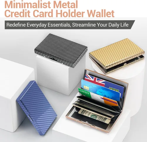Miniatura 15 de BONSYL® Soporte para tarjetas de crédito, cartera delgada de metal con bloqueo RFID, con 6 ranuras para tarjetas, para mujeres y hombres.