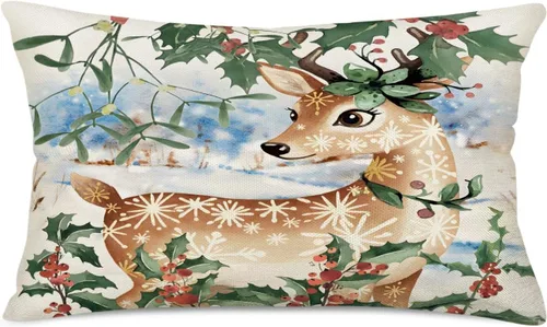 Miniatura 18 de Fundas de almohada de cintura de 12 x 20 pulgadas, fundas de almohada de muérdago de eucalipto rojo y verde, fundas de almohada de lino de algodón