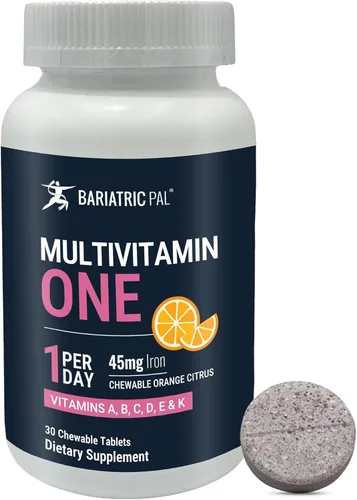 BariatricPal Multivitamínico UNO 1 por día! Multivitamínico bariátrico masticable con 45 mg de hierro | Cítrico naranja | Vitamina para pacientes de