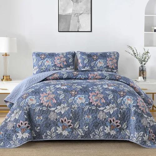 Miniatura 12 de WONGS BEDDING Juego de colcha tamaño Queen, juego de ropa de cama con estampado botánico negro, 3 piezas, colcha floral con 2 fundas de almohada