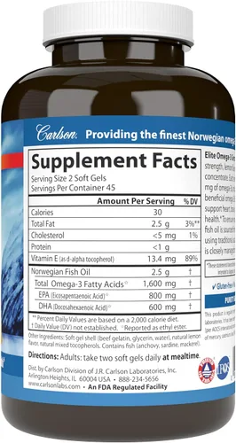 Miniatura 2 de Carlson Elite Omega-3 Gems, 1600 mg Omega-3 con EPA y DHA, aceite de pescado noruego capturado en la naturaleza, sabor a limón, 90 cápsulas blandas