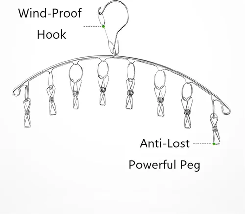 Miniatura 3 de 2 perchas de secado de ropa con 16 clips, estante de secado de aire de calcetines de acero inoxidable, resistente al viento, antipérdida para todos