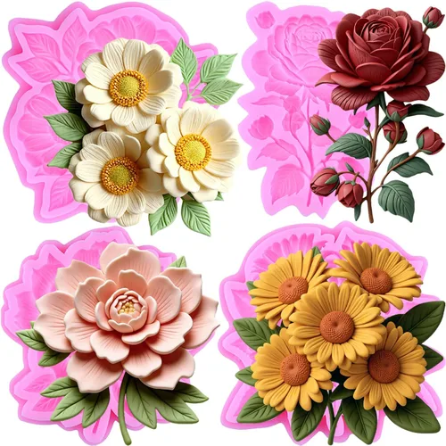 Miniatura 12 de Mujiang Moldes de silicona con diseño de margaritas de rosas, moldes para decoración de tartas, orquídeas y flores, juego de 4