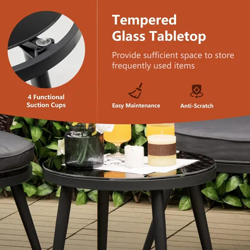 Miniatura 7 de Tangkula Juego de 3 piezas de ratán para patio, juego de conversación de mimbre para exteriores con 2 cojines de asiento, mesa de vidrio templado