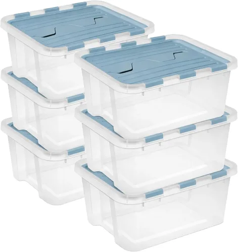 Sterilite Paquete de 6 cajas de almacenamiento con tapa con bisagras, contenedores organizadores de plástico, 20 cuartos de galón, color azul