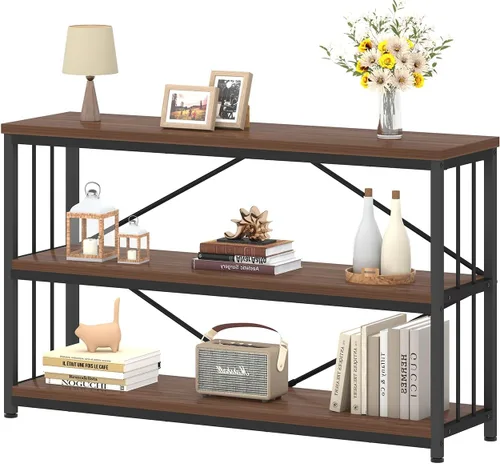 Miniatura 15 de IBF - Librero bajo rústico de 3 niveles, estantería industrial horizontal de madera, estantería larga y ancha de estilo granja de metal, estantería