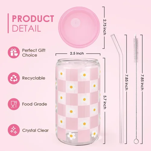 Miniatura 2 de SANDJEST Vaso de Vidrio con Margaritas en Patrón de Tablero de Ajedrez, Taza Floral a Cuadros con Tapa y Pajita, Tazas Estéticas de Café Helado