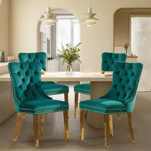 Miniatura 13 de Juego de 2 sillas de comedor tapizadas de terciopelo, sillas laterales de cocina de estilo moderno con ribete de cabeza de clavo y patas de madera