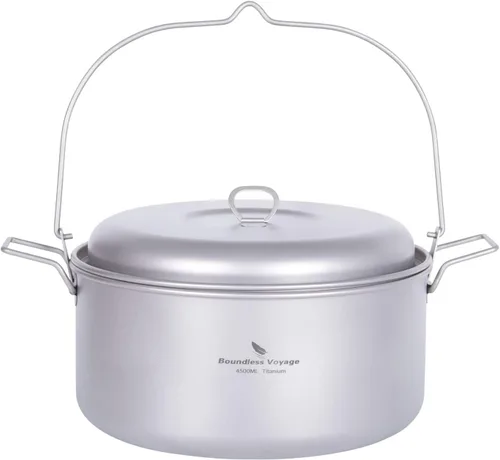 iBasingo Juego de ollas de sopa de titanio con mango plegable para colgar, utensilios de cocina portátiles ligeros para 3-5 personas en camping,