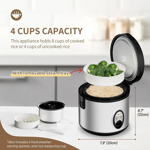 Miniatura 3 de Macook Arrocera de acero inoxidable con vaporizador, 4 tazas sin cocer (1.0L)/8 tazas cocidas, cocina eléctrica para granos y verduras, mantiene