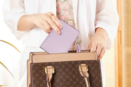 Miniatura 6 de Gostwo Mini cartera pequeña plegable para mujer con borla y bolsillo con cremallera para monedas, Purple With Key Chain