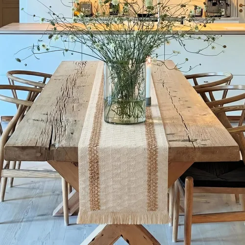 Miniatura 8 de Decoración de Granja Camino de Mesa Bohemio con Macramé, Elegante Camino de Mesa de Café Beige Marrón 48 Pulgadas de Largo, Decoración Rústica