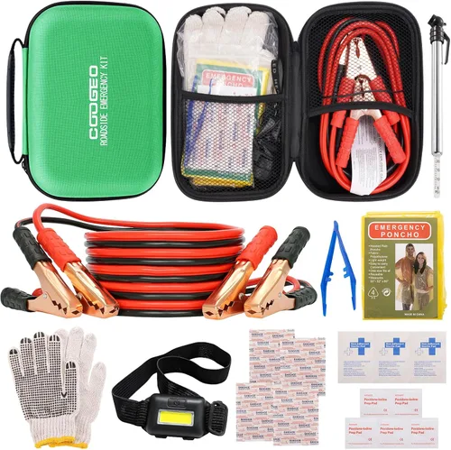 Miniatura 13 de Kit de emergencia en carretera para auto con cables de puente de batería, accesorios para auto para hombres o mujeres, kit de seguridad automotriz