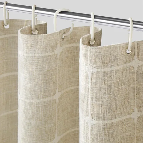 cortina de ducha de lino, cortinas de ducha de tela estilo bohemio y casa de campo color beige para baño, cortina de ducha moderna y impermeable de
