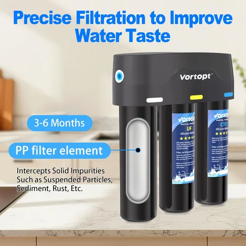 Miniatura 2 de Vortopt F03 - Sistema de filtro de agua para debajo del fregadero, filtración UF de 3 etapas de 0.01 micrones con alto flujo, reduce el cloro
