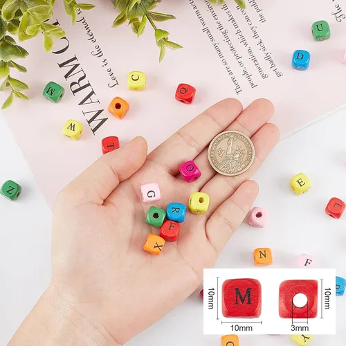Miniatura 2 de OLYCRAFT 300 cuentas de madera del alfabeto, cuentas de letras de madera coloridas de 0.394 pulgadas (0.394 in), cuentas de letras cuadradas