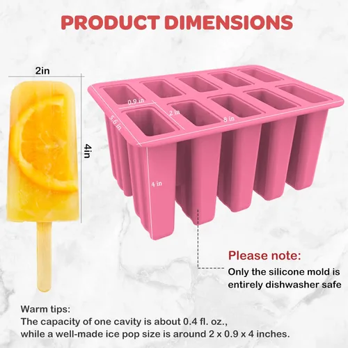Miniatura 4 de Miaowoof Moldes caseros para paletas, 10 cavidades de silicona sin BPA para hacer paletas heladas, con 50 palitos, 50 bolsas, 10 palitos Rosa