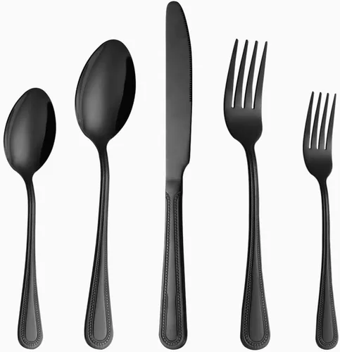 Miniatura 13 de Juego de cubiertos negros de 20 piezas para 4, juego de cubiertos de acero inoxidable de grado alimenticio, incluye tenedor/cuchillo/cuchara, juego
