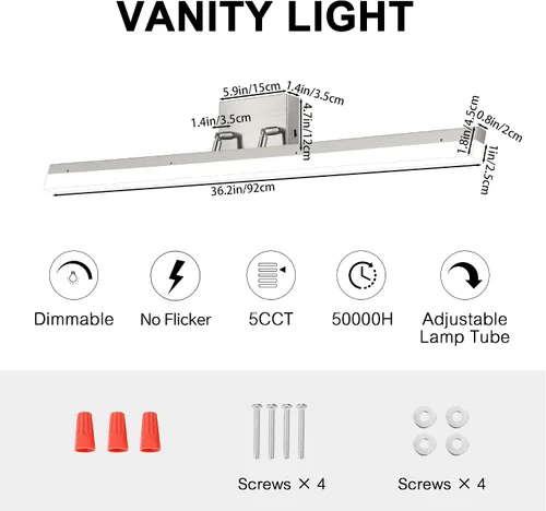 Miniatura 9 de Luz LED de tocador de 36 pulgadas, regulable 3000K-5000K 5CCT moderna accesorio de iluminación de tocador de maquillaje, barra de luz ajustable