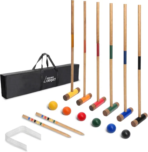 SPORT BEATS Juego de croquet para seis jugadores, mazos de madera maciza de goma de 32 pulgadas con funda de transporte, seis bolas, nueve mechones,