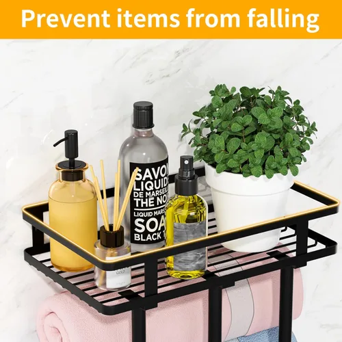 Miniatura 4 de Toalleros para baño, toallero montado en la pared con estante de metal y 4 ganchos para colgar, estante de toallas para baño pequeño, puede contener