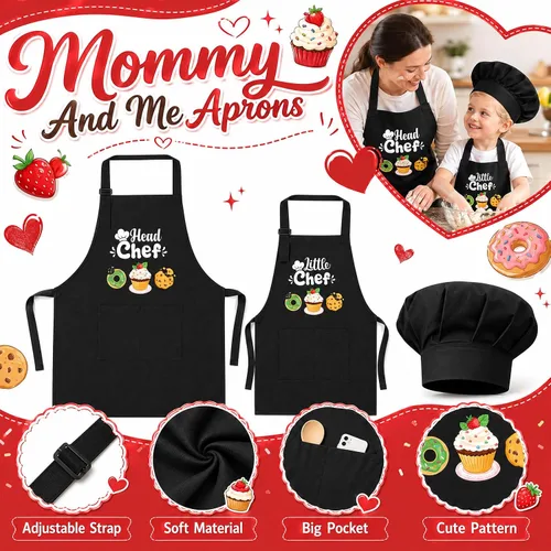 Miniatura 3 de Juego de 2 delantales para padres e hijos, delantales de cocina ajustables con bolsillos para adultos y niños