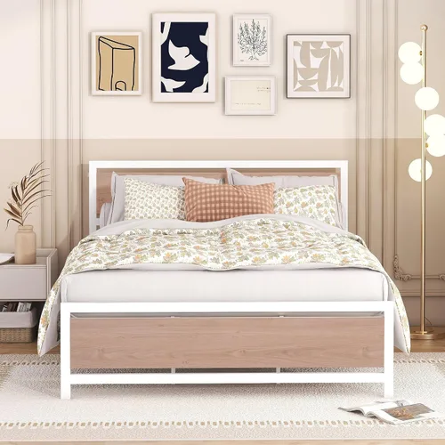 Miniatura 9 de Base de cama de plataforma tamaño Queen con cabecera de madera rústica vintage, marco de cama resistente con almacenamiento, no necesita somier