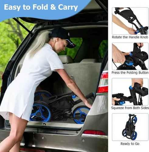Miniatura 7 de Tangkula Carrito de golf de empuje, carrito de empuje plegable de aluminio ligero de 3 ruedas, carrito de golf con correa elástica, paraguas