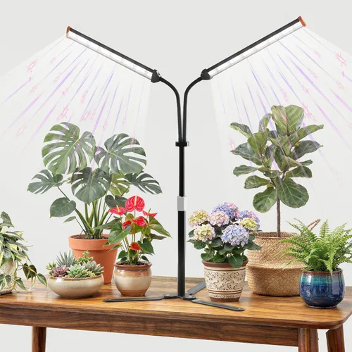 Lámpara para cultivo de plantas con soporte ajustable de 15 a 47 pulgadas, lámpara de cultivo de plantas de tres cabezales con bombillas LED rojas y