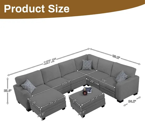 Miniatura 74 de Legend Vansen Sofá Seccional Modular de Gran Tamaño, Sofá en Forma de U de 7 Asientos con Otomana, Sofá de Pana con Asiento Profundo, Sofás Crema