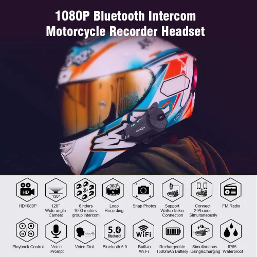 Miniatura 2 de FreedConn R1plus - Casco de motocicleta con Bluetooth e intercomunicador con cámara 1080P y radio FM 1000 M.