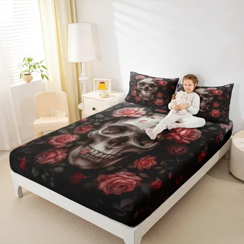 Miniatura 23 de Erosebridal Sábanas de cama de polilla de la muerte, sábana bajera ajustable de calavera gótica, tamaño individual, sábanas florales de flores