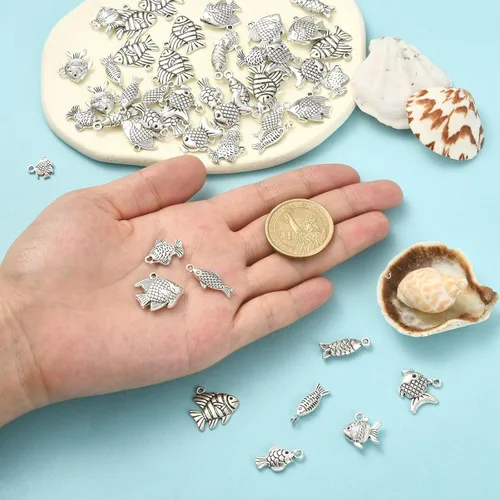 Miniatura 3 de LiQunSweet 100 piezas de 10 estilos antiguos de vida oceánica, dijes de peces de animales marinos para manualidades, collares, pulseras
